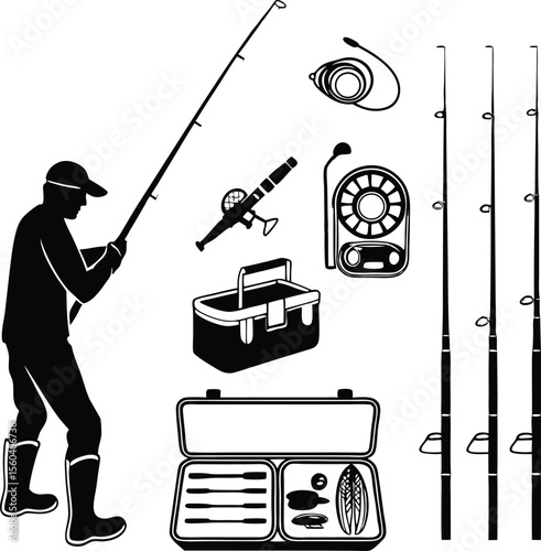 Fishing Gear and Fisherman Silhouette Vector Illustration
