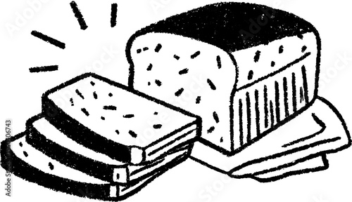Rustic sketch of whole grain bread and sliced cheese on tray