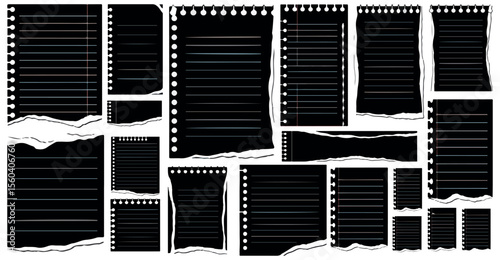 Collection of torn black lined paper sheets with spiral binding holes and subtle colored horizontal lines on white background