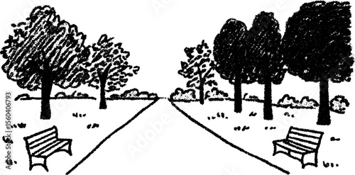 Tree lined boulevard with benches sketch for outdoor design inspiration