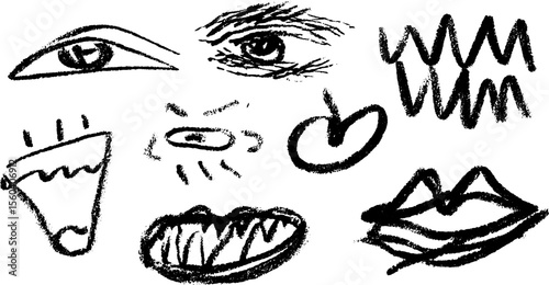 Expressive sketches of eyelid and blank stare with dynamic facial features in grunge style