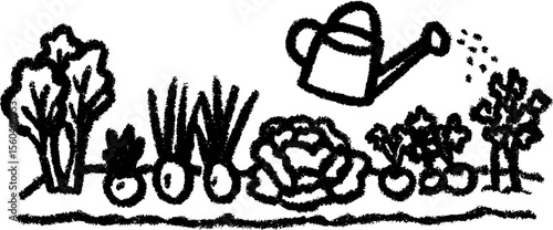 Hand-drawn sketch of a vegetable garden with watering can for natural gardening design