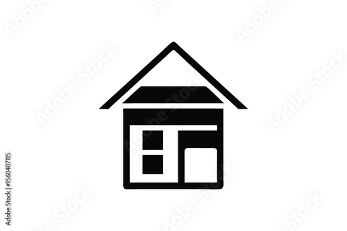 Modern minimalist black and white illustration of a simple house icon, representing homeownership, real estate, or property investment, conveying a feeling of security and stability for a clean and co