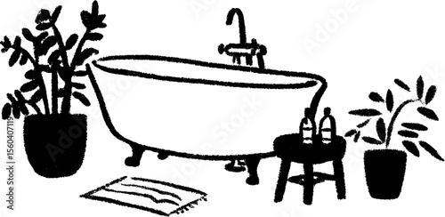 Vintage style bathroom sketch with clawfoot tub and plants