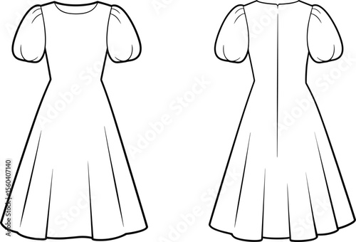 Puff sleeve long flare dress fashion technical drawing, flat sketch cad vector illustration for garment design and digital apparel template