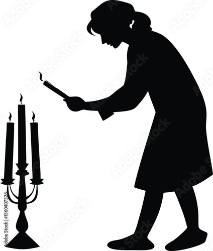Woman Lighting Candles Silhouette Vector Illustration