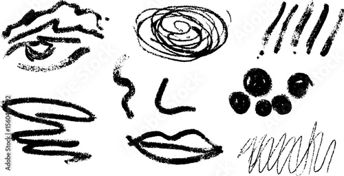 Abstract face and rippled eye with textured scribbles and marks