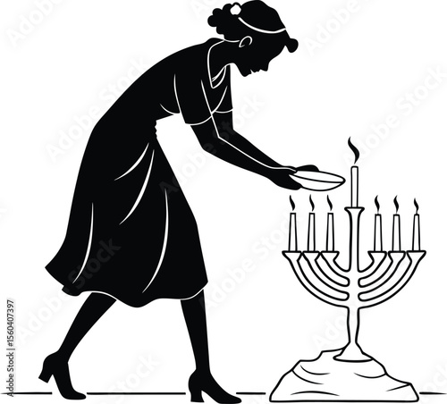 Woman Lighting Candles Silhouette Vector Illustration