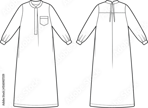 Loose long sleeve maxi dress with front pocket and tie back detail, fashion cad flat technical vector drawing illustration