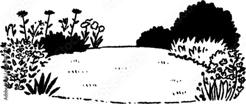 Hand drawn garden lawn with flowerbeds sketch for design