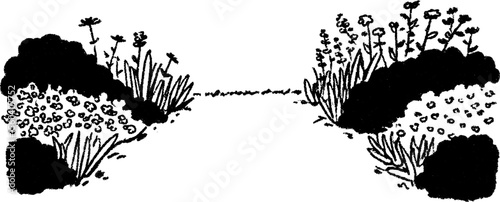 Hand drawn sketch of a wide garden lawn with flowerbeds