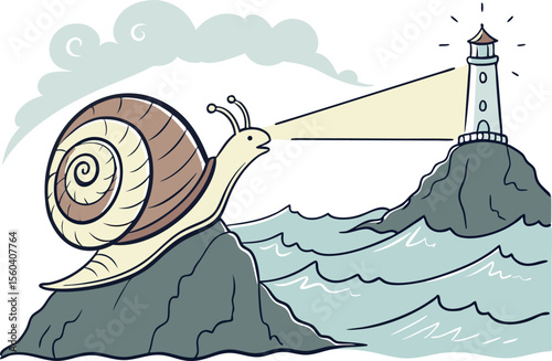 Cartoon snail on a rock projecting a light beam towards a lighthouse near ocean waves and cloudy sky
