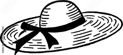 Hand-drawn sketch of wide straw sunhat with ribbon for summer fashion design