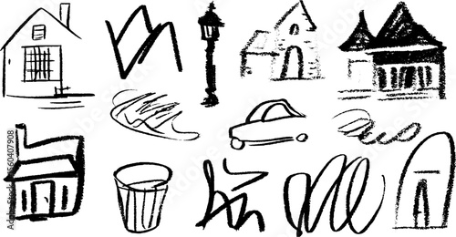 Urban scribbles: hand drawn windows, rooftops, and streetlamp sketch for creative design