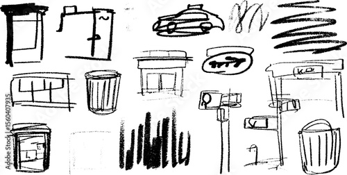 Urban sketch of window, rooftop, and streetlamp with textured lines