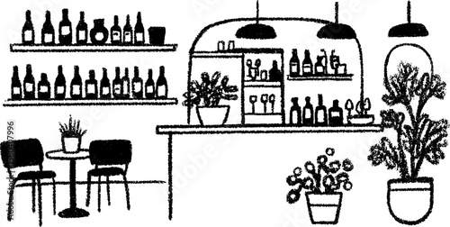 Hand drawn sketch of wine bar interior with bottles and low lighting for creative design