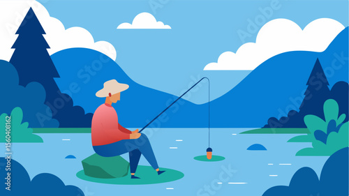 A retired individual fishing on a tranquil pond enjoying the quiet and peaceful atmosphere and feeling a sense of contentment.. Vector illustration