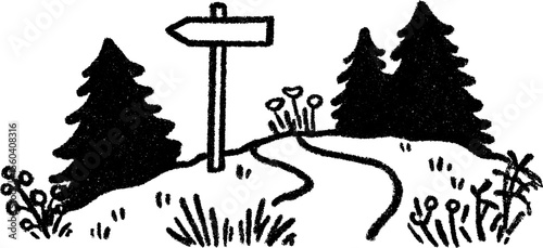 Rustic forest path with wooden signpost sketch for nature-themed designs
