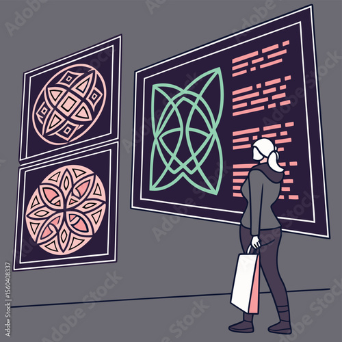 Woman viewing geometric art displays in gallery with abstract shapes and text on dark backgrounds shown