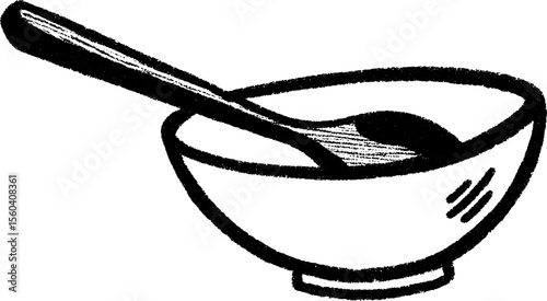 Crayon sketch of wooden spoon resting on mixing bowl edge for kitchen art
