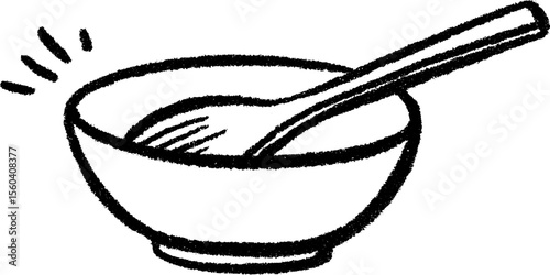 Hand drawn sketch of a wooden spoon resting on the edge of a mixing bowl