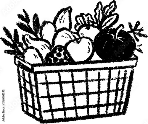Hand drawn sketch of a woven basket full of mixed fruits for artistic design