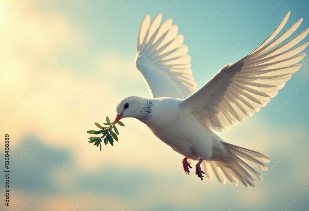White dove in flight holding an olive branch against a soft sky background White dove in flight holding an olive branch against a soft sky background