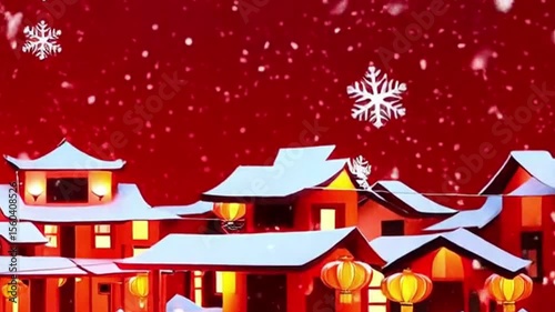 Paper-cut village covered in snow. Traditional houses decorated with lanterns in snowfall during winter  