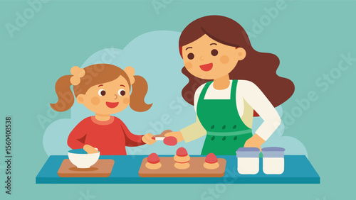 A mother and daughter bond over baking and decorating cookies each recipe evoking cherished memories of family holiday traditions.. Vector illustration