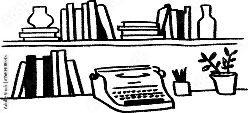 Artistic depiction of a writer's room featuring typewriter and books