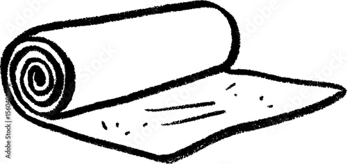 Hand-drawn sketch of a halfway rolled open yoga mat with textured lines