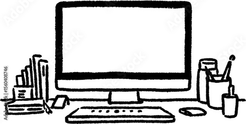 Creative animator's workstation sketch featuring screen, tools, and organization for artistic design