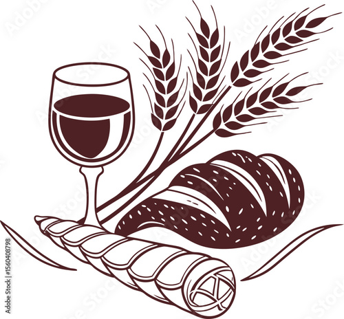 Bread, Wine, and Wheat Symbolic Food Vector Illustration