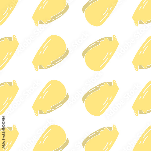 A seamless cartoon-style pattern of soft cream buns with melted topping, resembling Japanese custard or milk bread. Perfect for bakery-themed designs, packaging, or children’s illustrations.