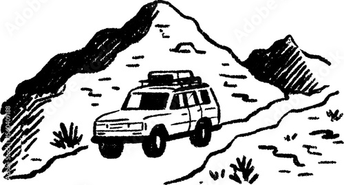 Off-road adventure: 4x4 climbing rocky trail in hand-drawn sketch