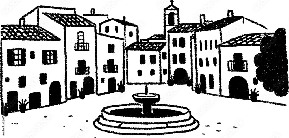 Charming old town square with fountain and rustic pavilion sketch for design