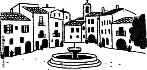 Charming old town square with fountain and rustic pavilion sketch for design