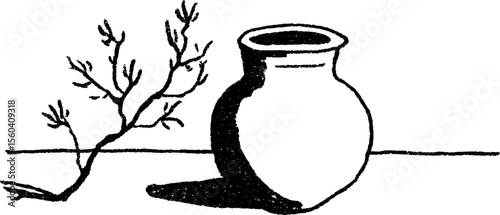 Vintage vase with bare branch and shadow sketch for artistic design