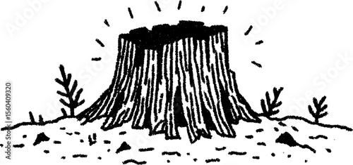 Hand-drawn sketch of an old tree stump in a forest clearing