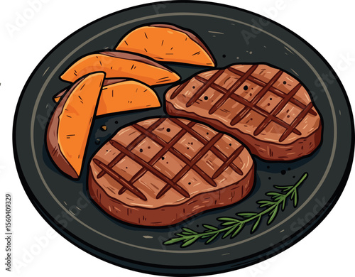 Grilled steak with roasted sweet potato wedges and rosemary on dark plate tasty homemade meal