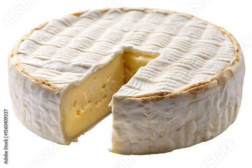 Round brie or camambert cheese with a wedge removed showing creamy interior isolated on a transparent background