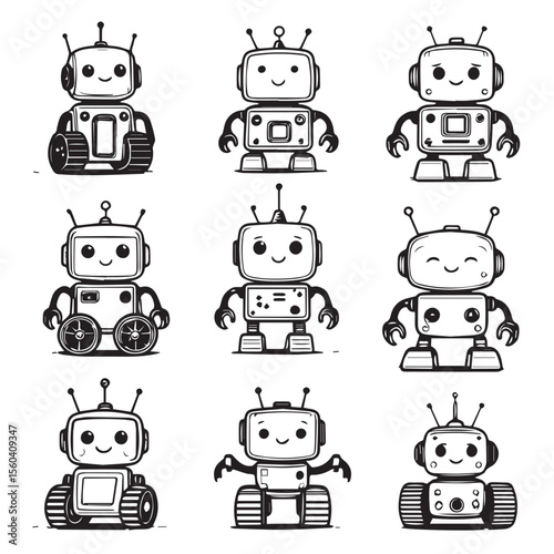 Vector art of a collection of nine adorable retro robots, each with a unique design and expression, isolated on white background