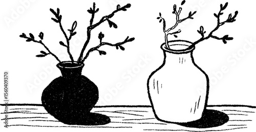 Artistic sketch of old vase with bare branch casting shadow for interior design