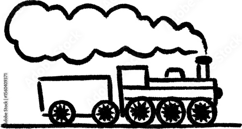 Hand drawn sketch of old fashioned steam engine with large wheels and smoky chimney