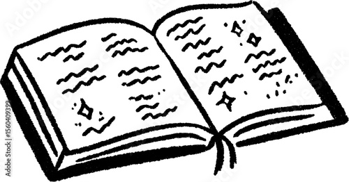 Hand-drawn sketch of an open book with bookmark for educational design