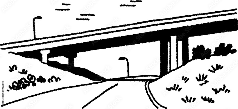 Fototapeta premium Black and white sketch of overpass casting shadows on road