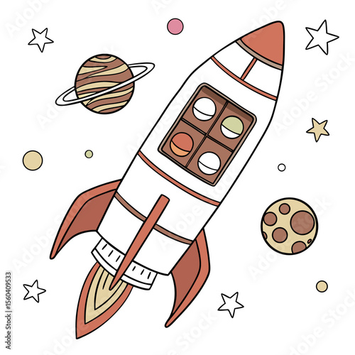 Illustration of a cartoon rocket ship with planets and stars on a white background in a children style