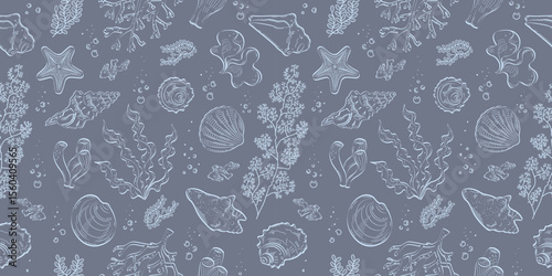Seamless pattern with shells, corals and algae. Contour light pattern on a dark background. Suitable for backgrounds, textiles, covers, wrappers