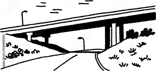Black and white sketch of overpass casting shadows on road