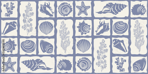 Seamless marine pattern with silhouettes of shells and algae in a mosaic style. Suitable for decorating various products.